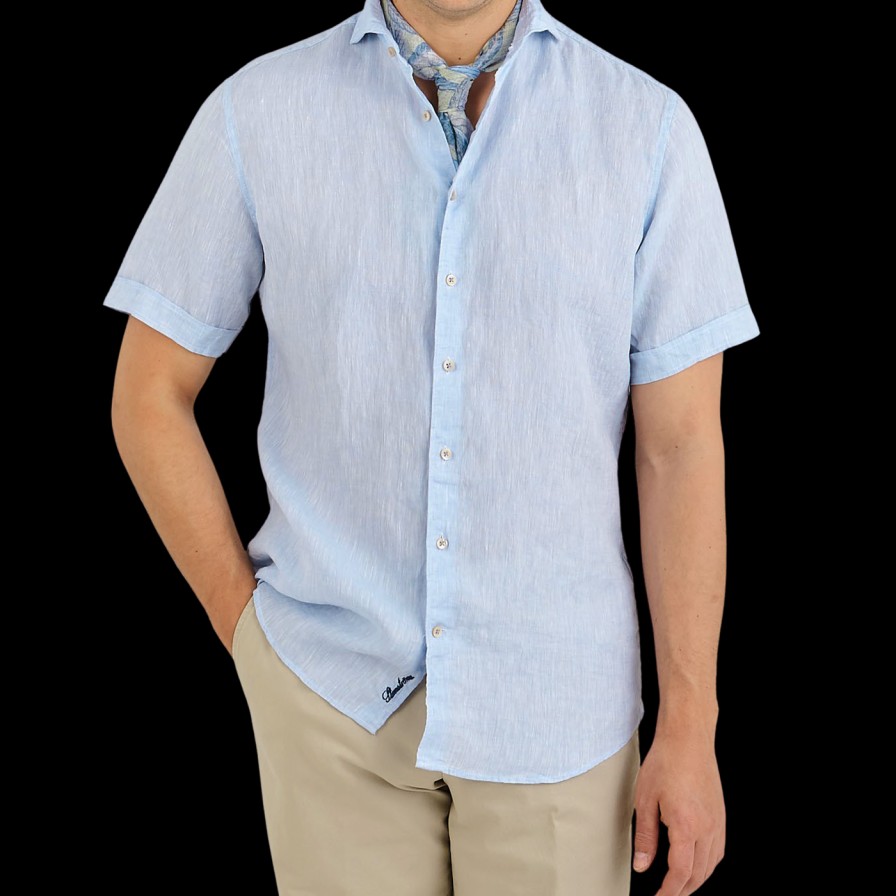 Stenströms Sky Blue Linen Fitted Body Short Sleeve Shirt Clearance