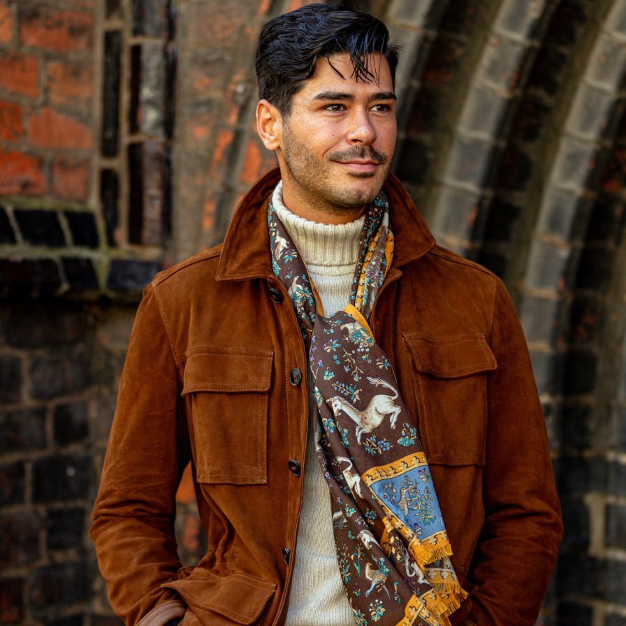 Drake's Brown Wool Silk Unicorn Print Scarf Online