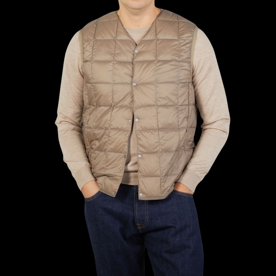 Taion Khaki Beige Nylon Down Padded Vest Clearance