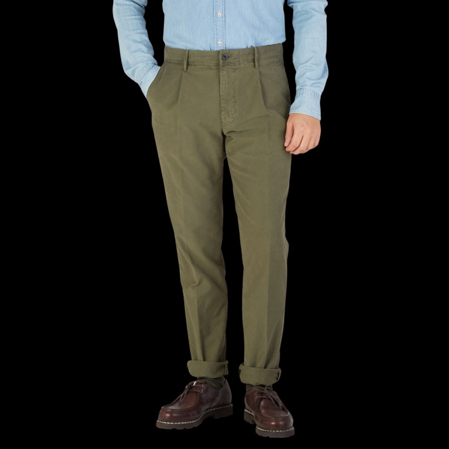 Incotex Green Cotton Stretch Pleated Chinos Wholesale