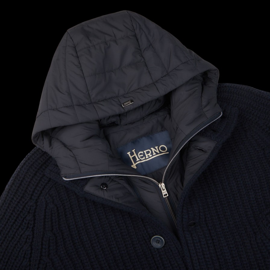 Herno Navy Blue Knitted Wool Nylon Jacket Best