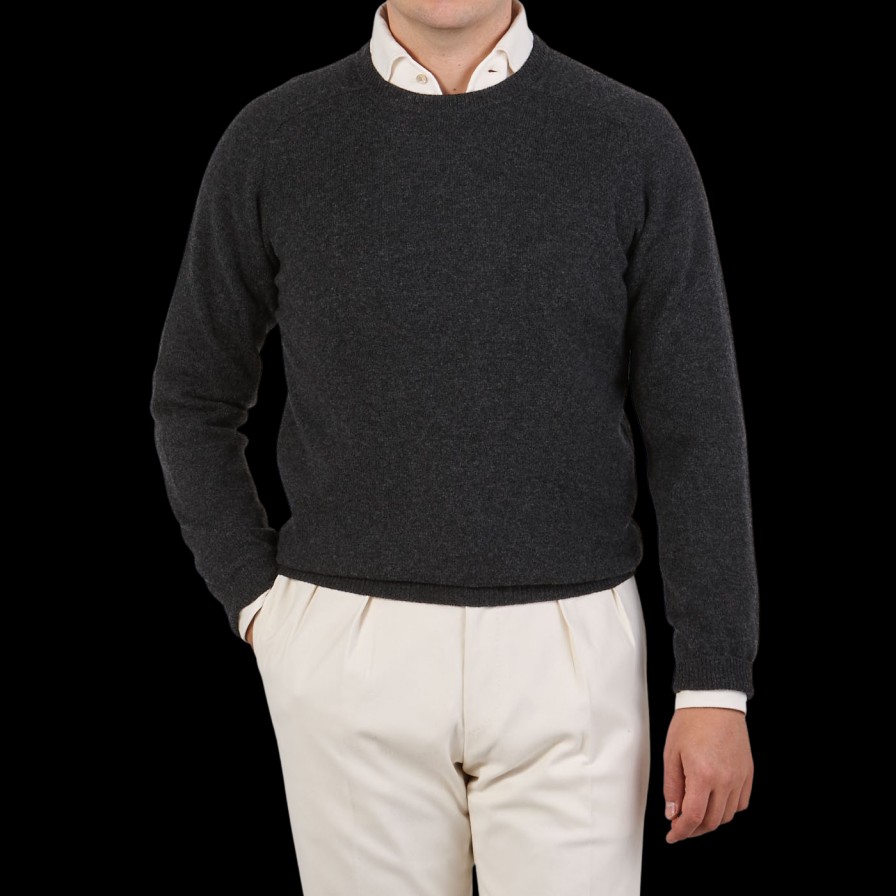 Alan Paine Charcoal Grey Lambswool Crew Neck Hot