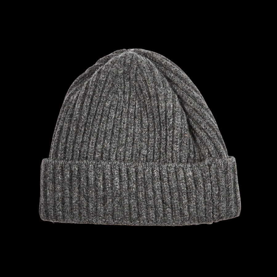 William Lockie Grey Geelong Lambswool Ribbed Beanie Hot