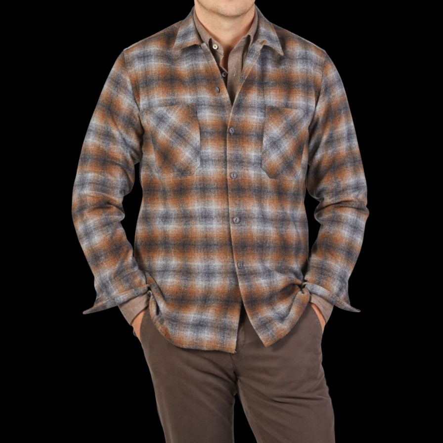 Universal Works Brown Checked Wool Flannel Workshirt Clearance