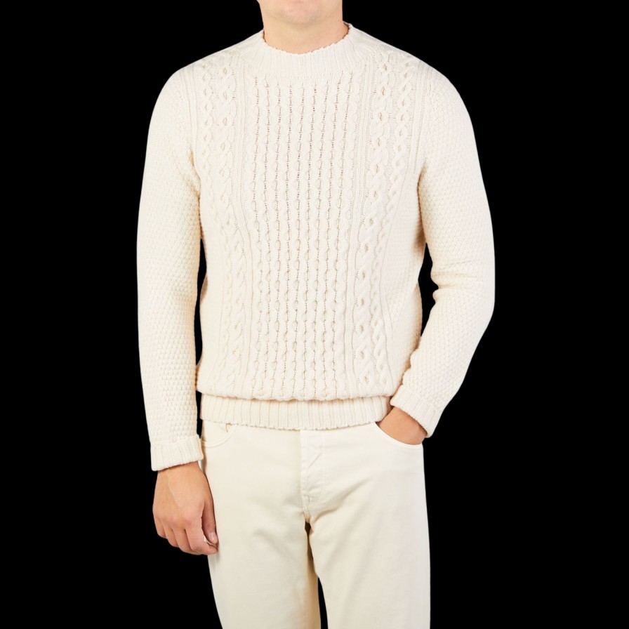 Drumohr Ecru Lambswool Cable Knit Sweater New