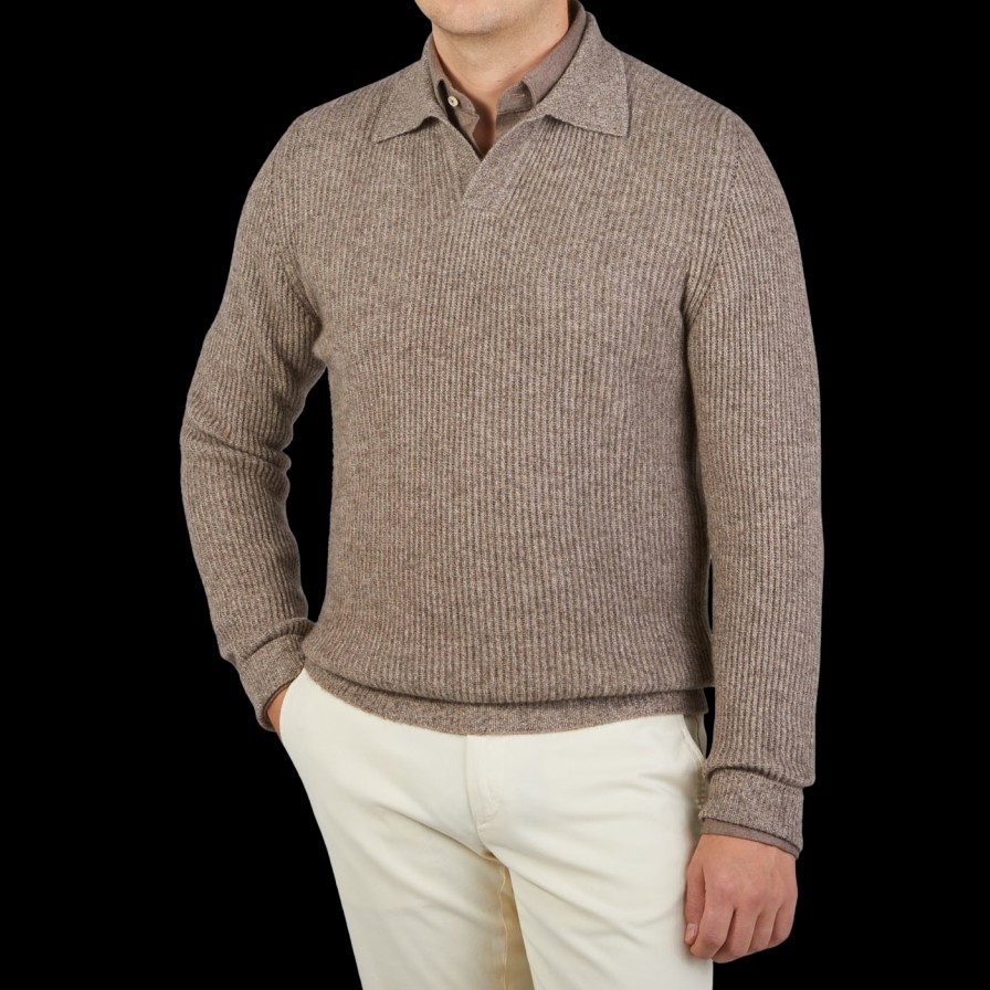 Altea Taupe Melange Wool Cashmere Ls Polo Best