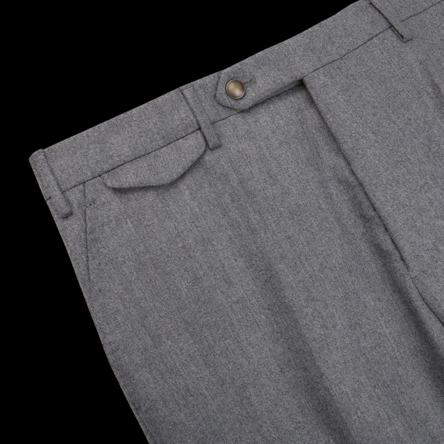 Berwich Medium Grey Wool Flannel Flat Front Trousers Clearance