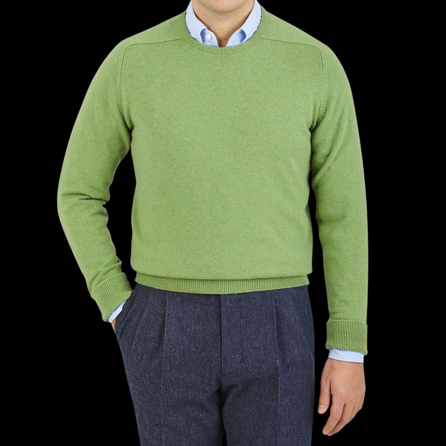 William Lockie Foliage Green Crew Neck Cashmere Sweater Wholesale