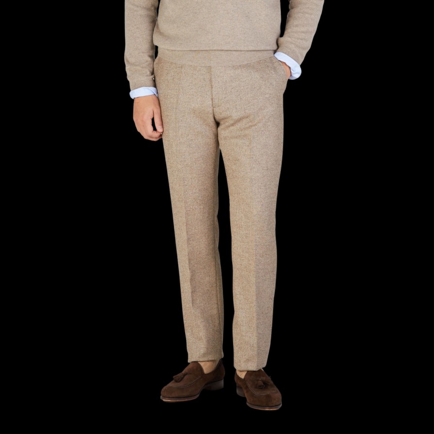 Berwich Beige Herringbone Wool Tweed Trousers Clearance