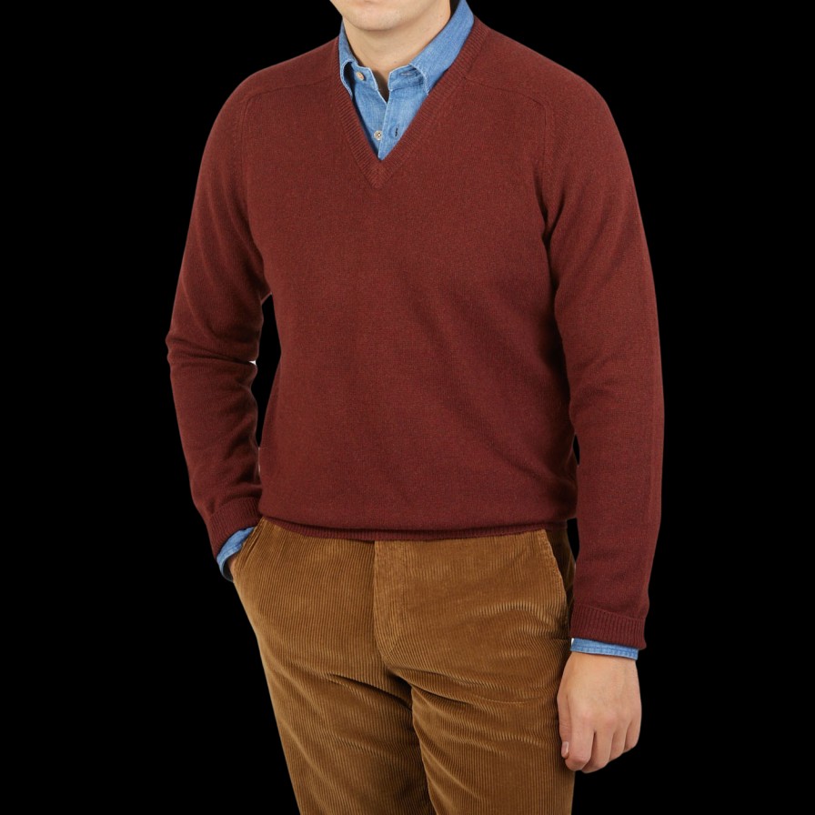 Alan Paine Nebula Red Brown Lambswool V-Neck Hot