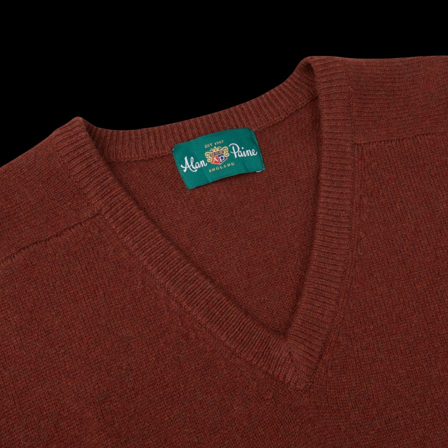 Alan Paine Nebula Red Brown Lambswool V-Neck Hot