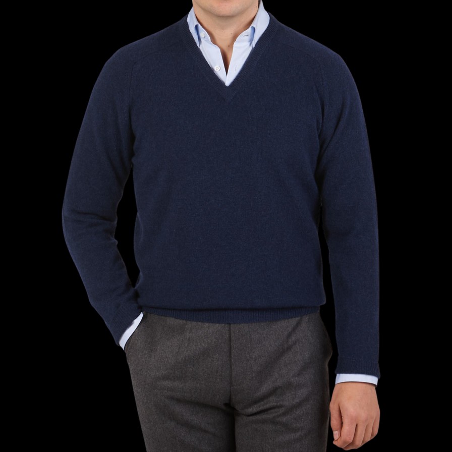 Alan Paine Indigo Blue Lambswool V-Neck Online