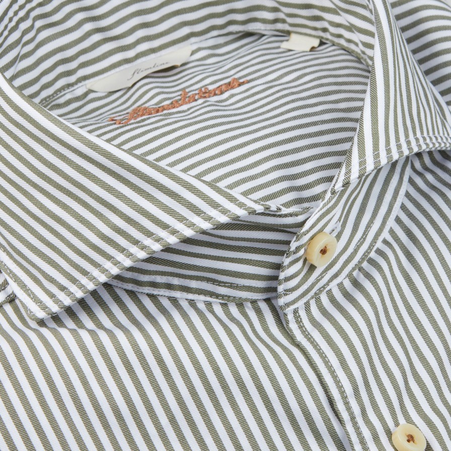 Stenströms White Green Striped Cotton Slimline Shirt Hot