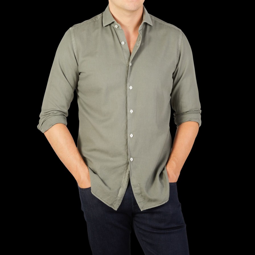 Xacus Muted Green Washed Cotton Twill Casual Shirt Online