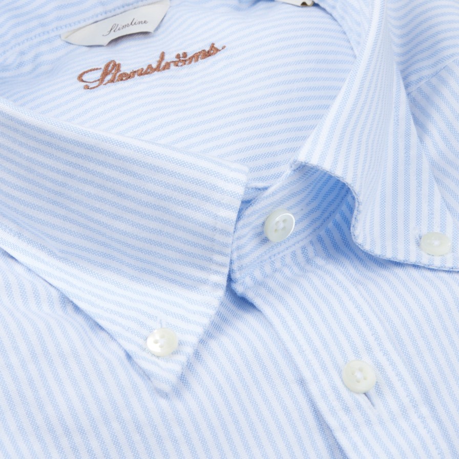 Stenströms White Blue Striped Cotton Oxford Slimline Shirt Clearance