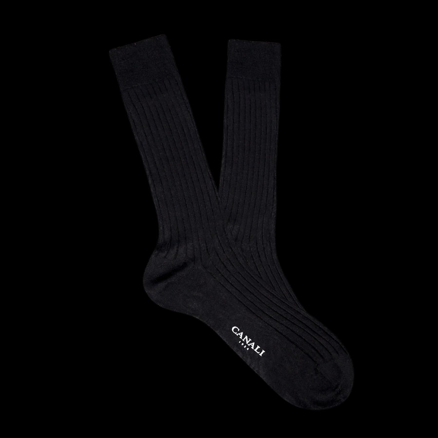 Canali Black Ribbed Cotton Socks New