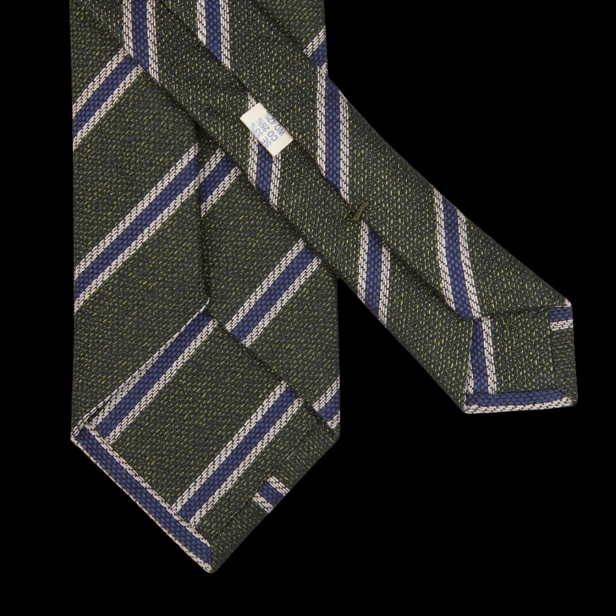 Silvio Fiorello Green Striped Silk Cotton Wool Woven Tie Best