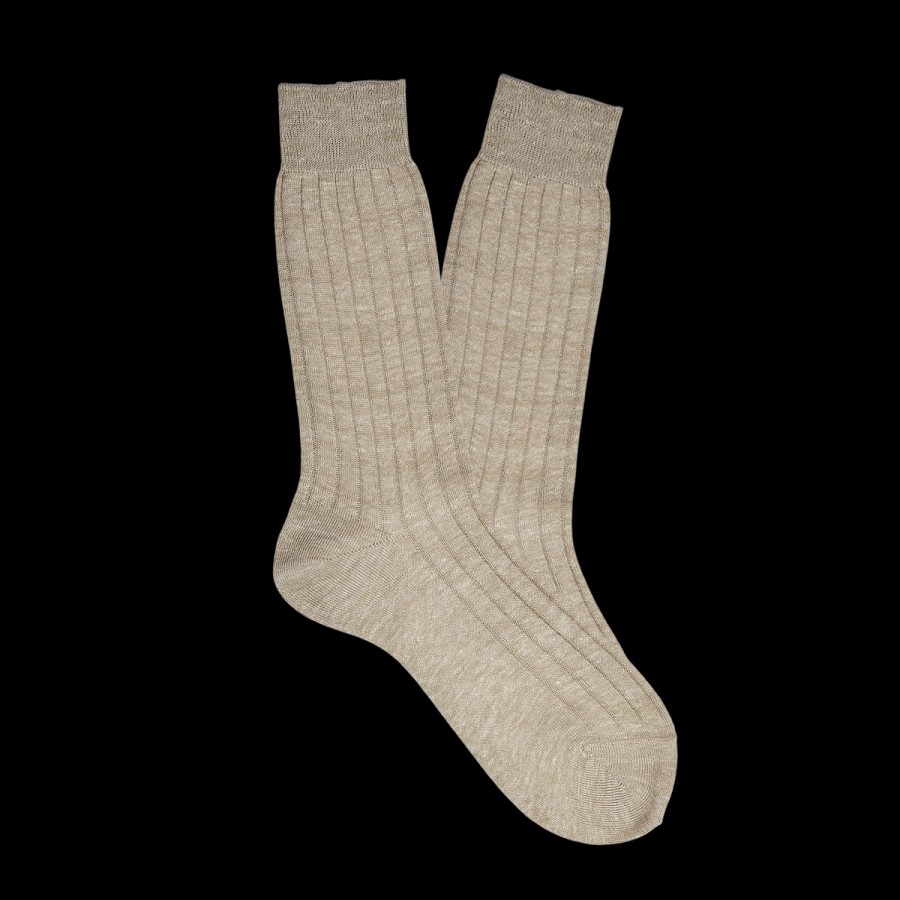 Bresciani Beige Melange Ribbed Linen Socks New