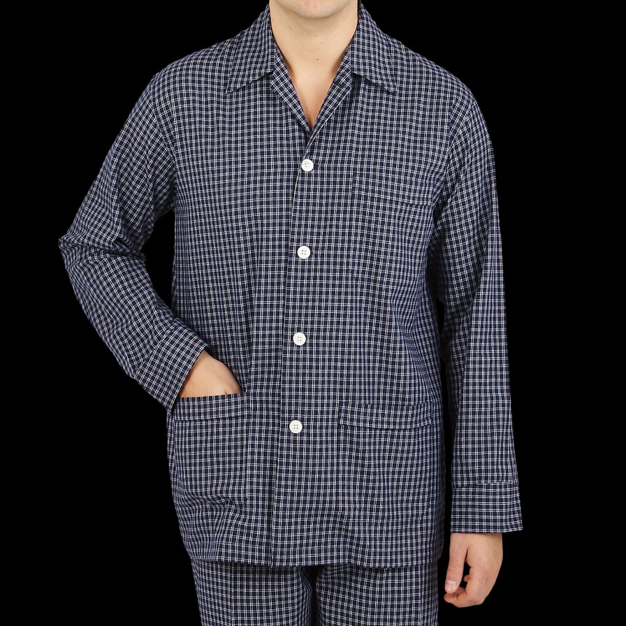 Derek Rose Navy Checked Cotton Classic Fit Pyjamas Wholesale