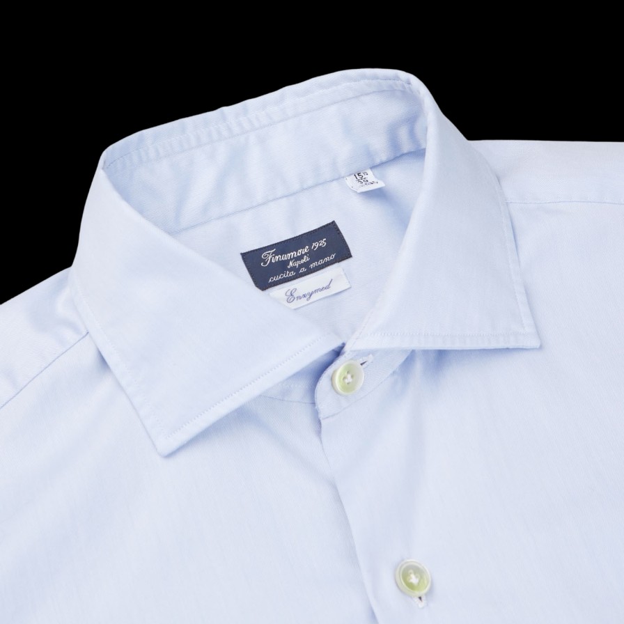 Finamore Light Blue Fine Cotton Twill Cut-Away Shirt New