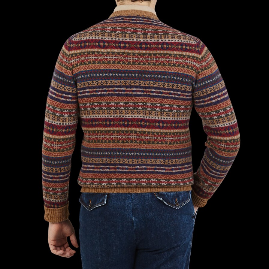 William Lockie Brown Fair Isle Crew Neck Lambswool Sweater New