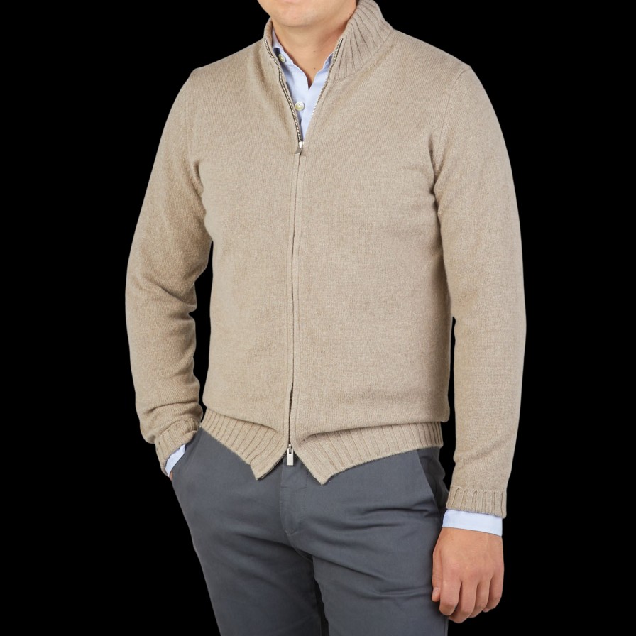 Filippo de Laurentiis Taupe Beige Wool Cashmere Zip Cardigan Hot