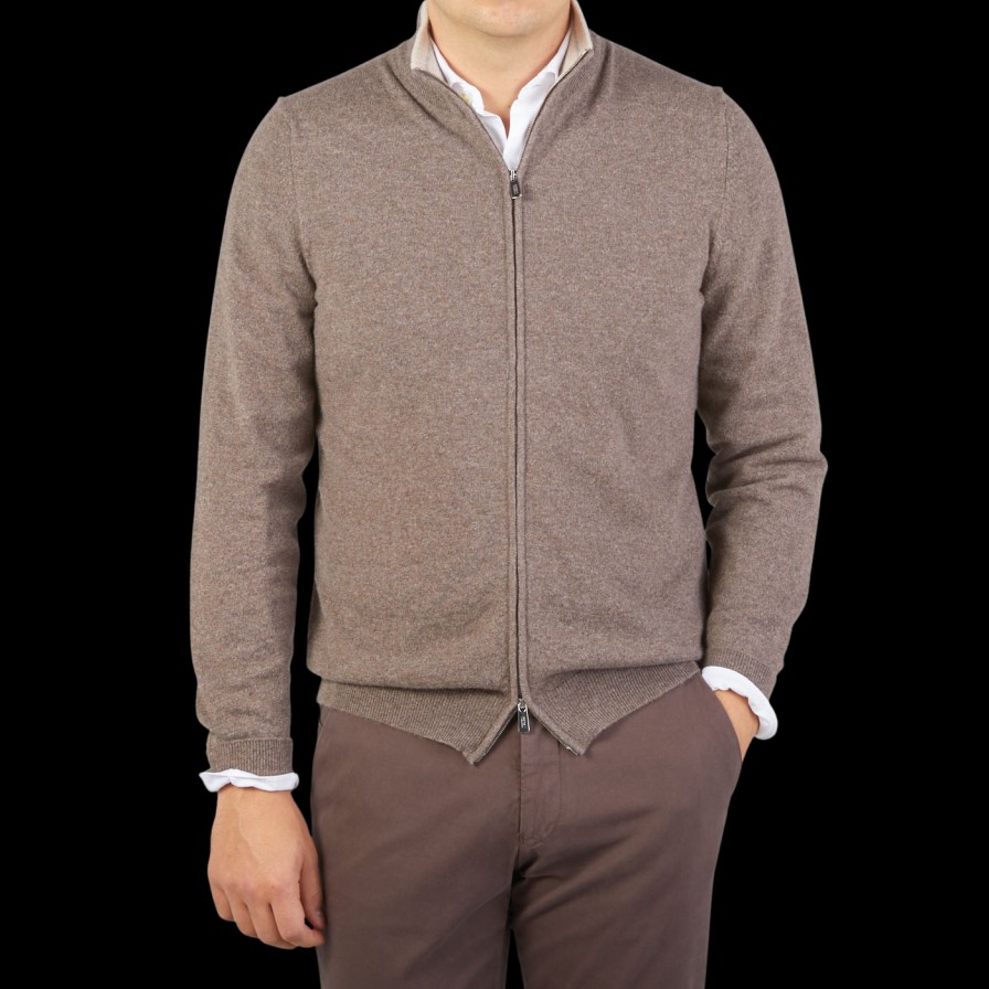 Fedeli Taupe Brown Cashmere Full-Zip Cardigan Online