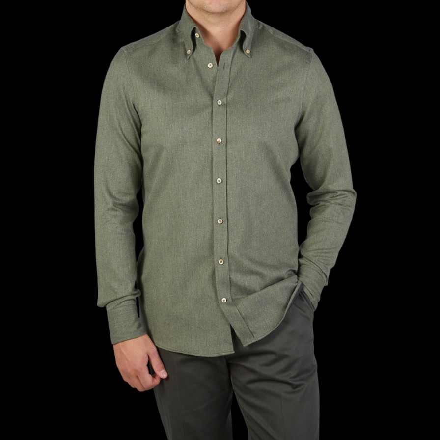 Stenströms Grass Green Cotton Flannel Slimline Bd Shirt New