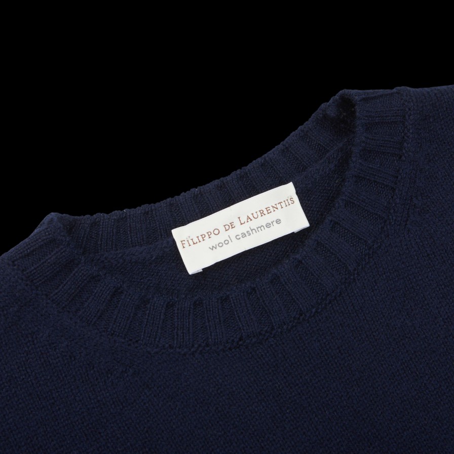 Filippo de Laurentiis Navy Blue Wool Cashmere Crewneck Sweater Clearance