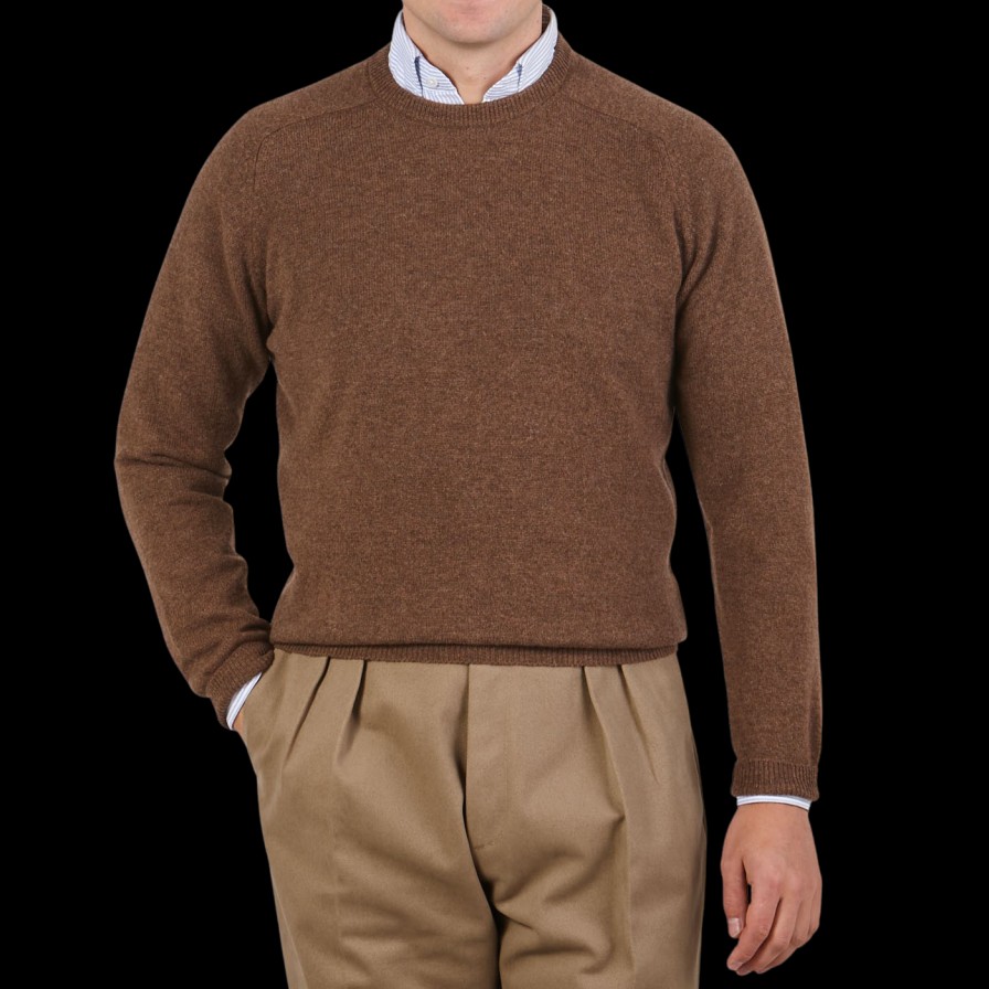 Alan Paine Tobacco Brown Lambswool Crew Neck Hot