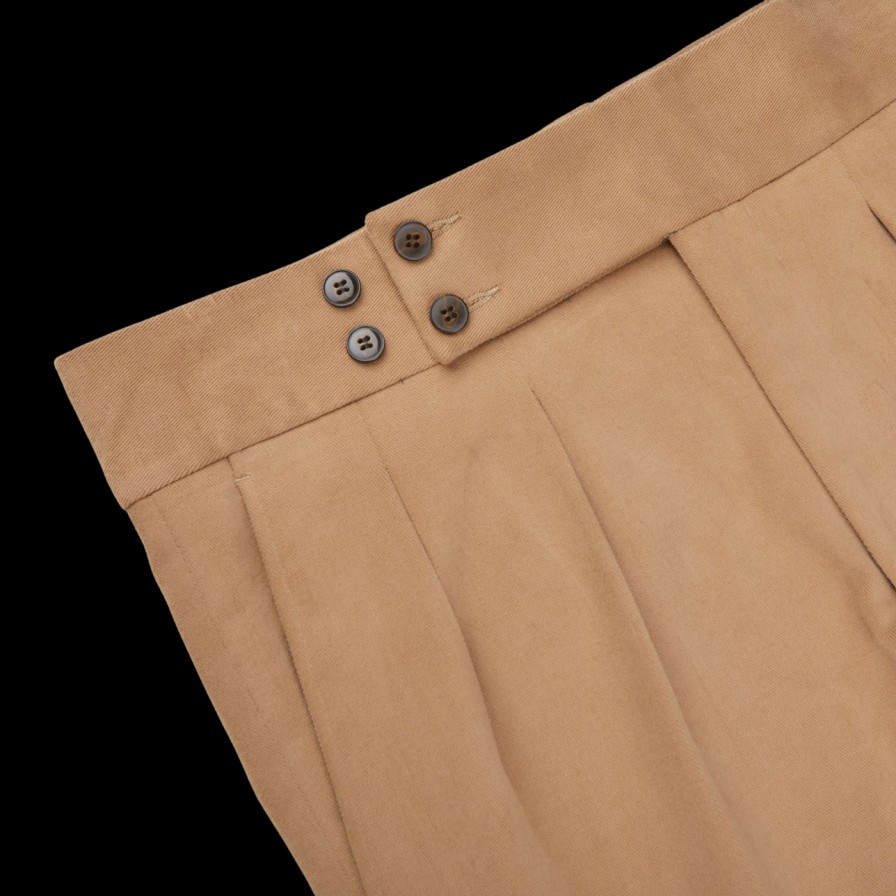 Luigi Bianchi Camel Beige Cotton Twill Pleated Trousers New