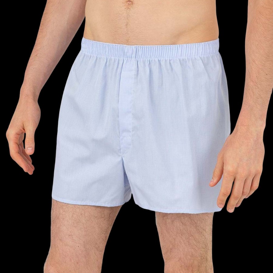 Sunspel Blue White Cotton Micro Gingham Poplin Boxer Shorts New