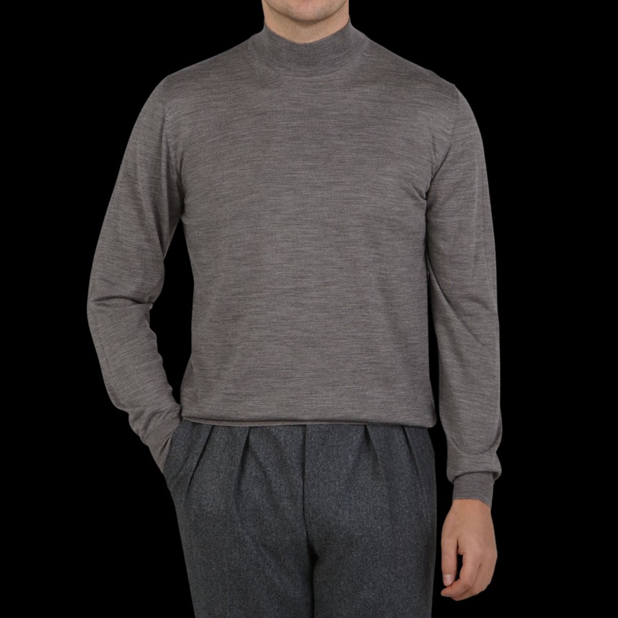 Fedeli Grey Melange 140S Wool Mockneck Sweater Online