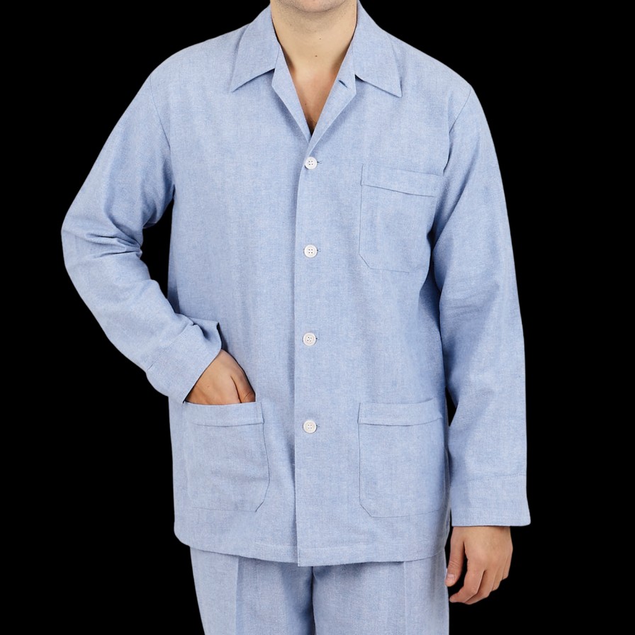 Derek Rose Blue Herringbone Cotton Classic Fit Pyjamas New