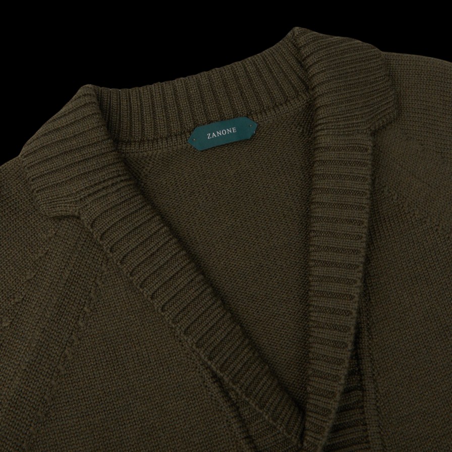 Zanone Military Green Wool Shawl Collar Cardigan New