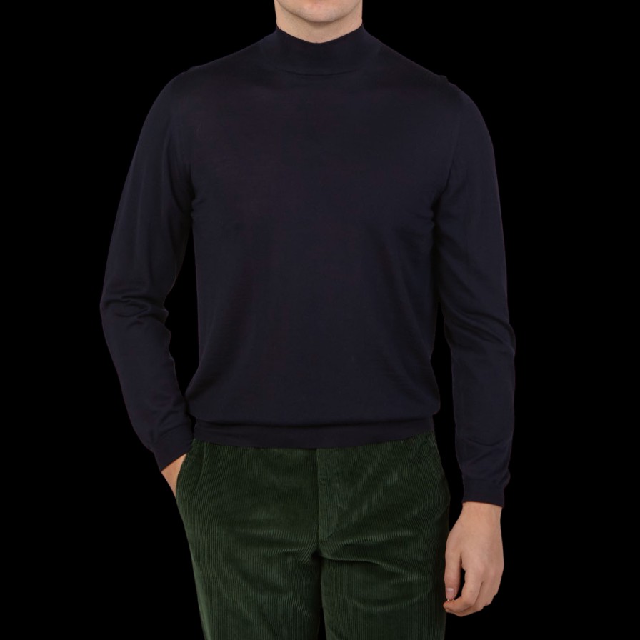 Fedeli Navy 140S Wool Mockneck Sweater Hot