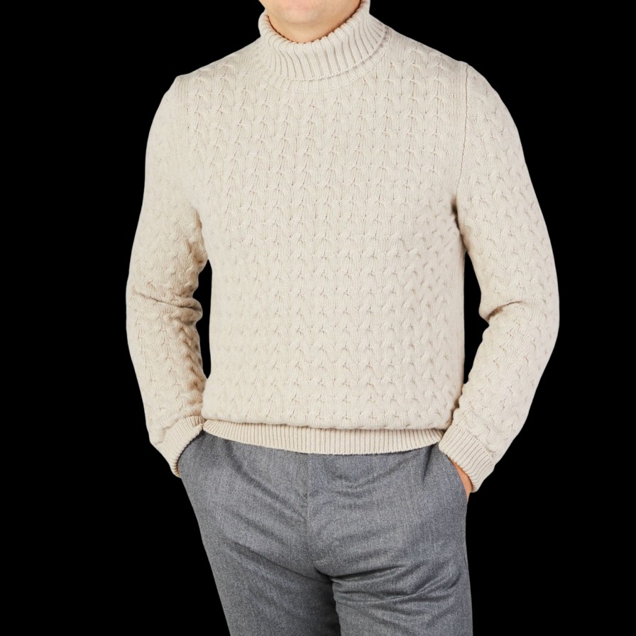 Fedeli Natural Beige Cable Wool Cashmere Rollneck Best