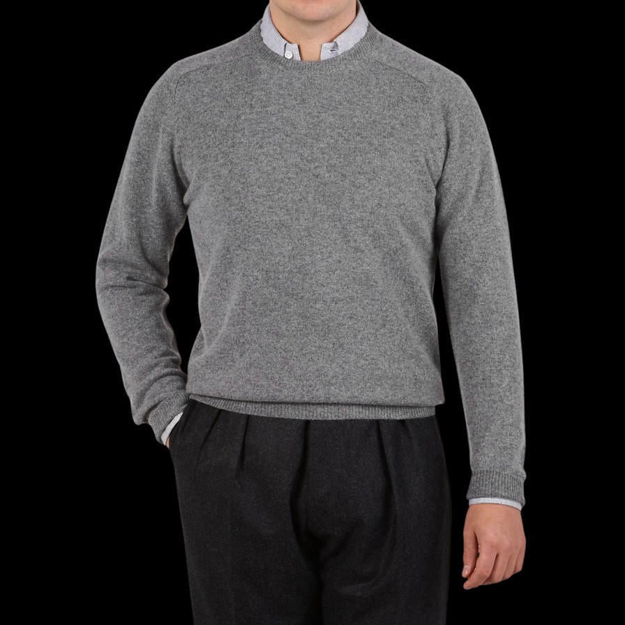 Alan Paine Grey Melange Lambswool Crew Neck Online