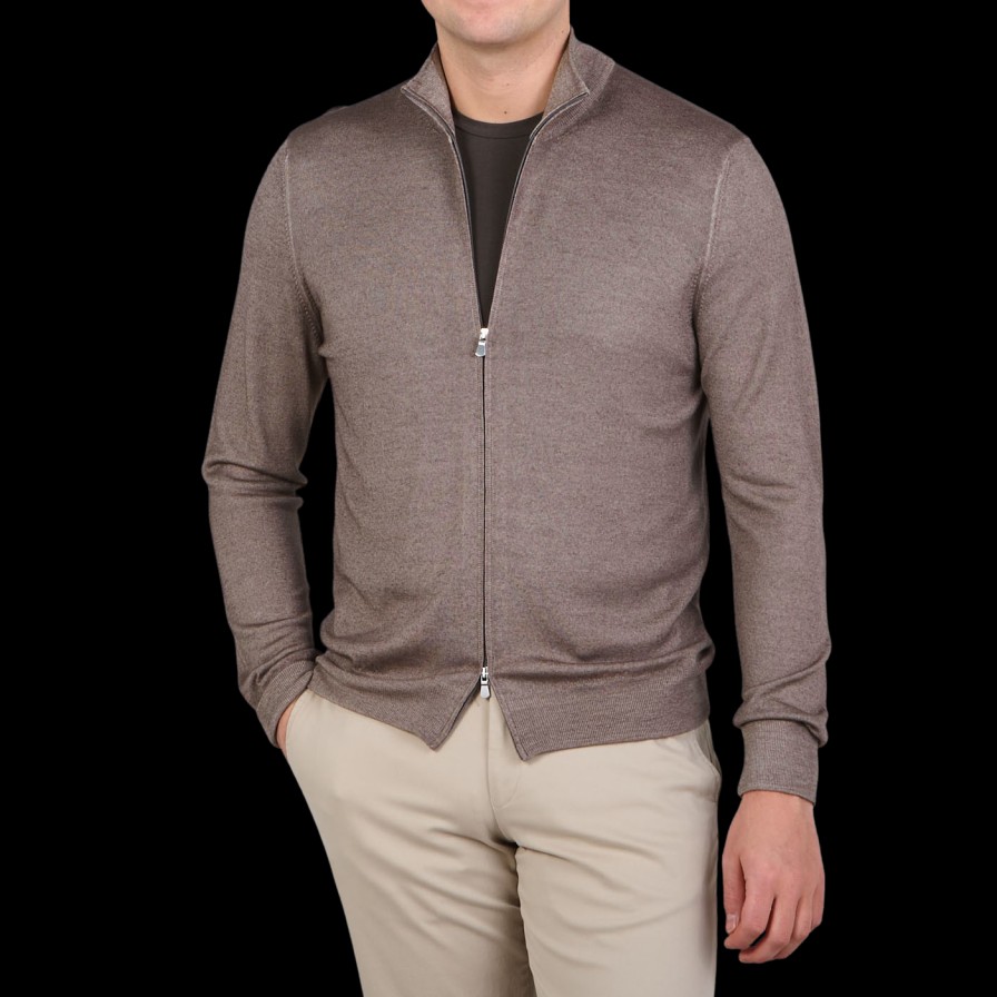 Gran Sasso Light Brown Vintage Merino Wool Zip Cardigan Clearance