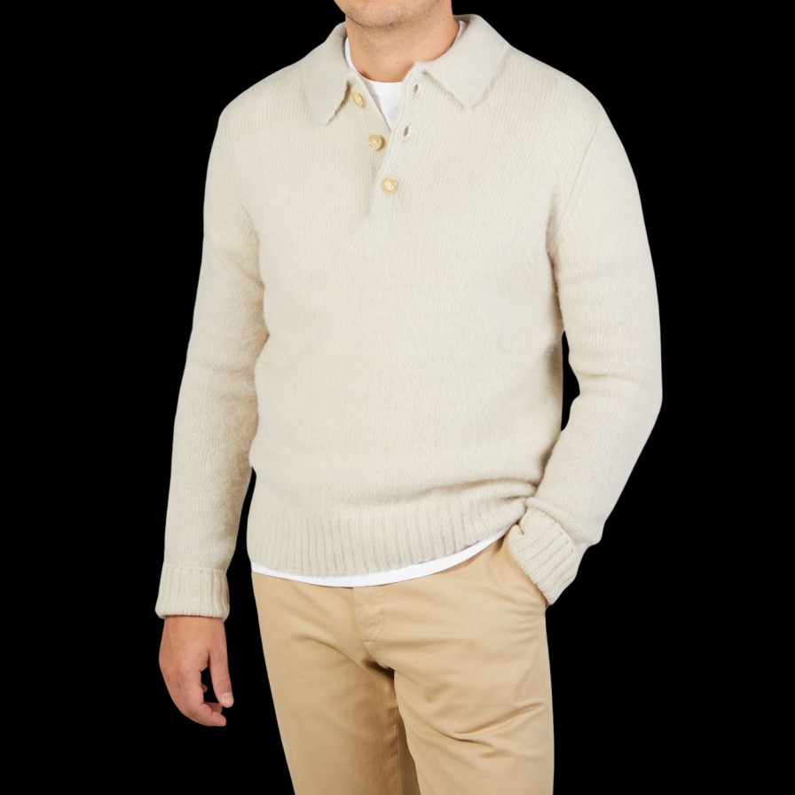 Aspesi Ecru Beige Shetland Wool Polo Shirt New