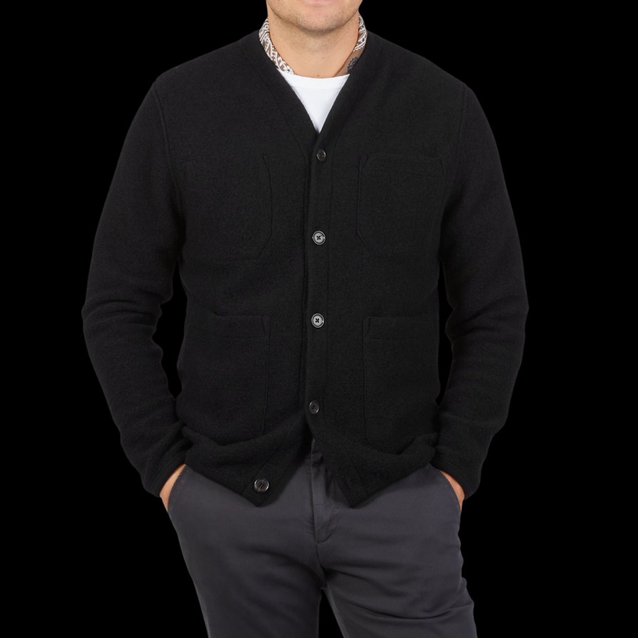 Universal Works Black Wool Fleece Button Cardigan Best