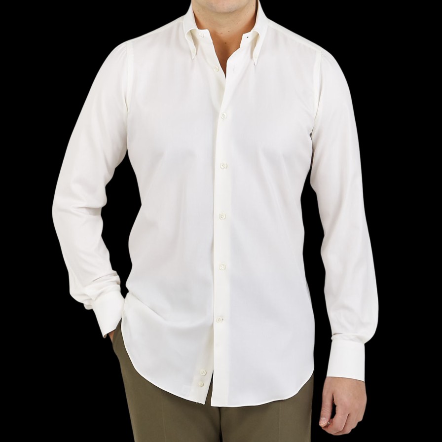 Mazzarelli Off White Cotton Twill Button Down Slim Shirt Online