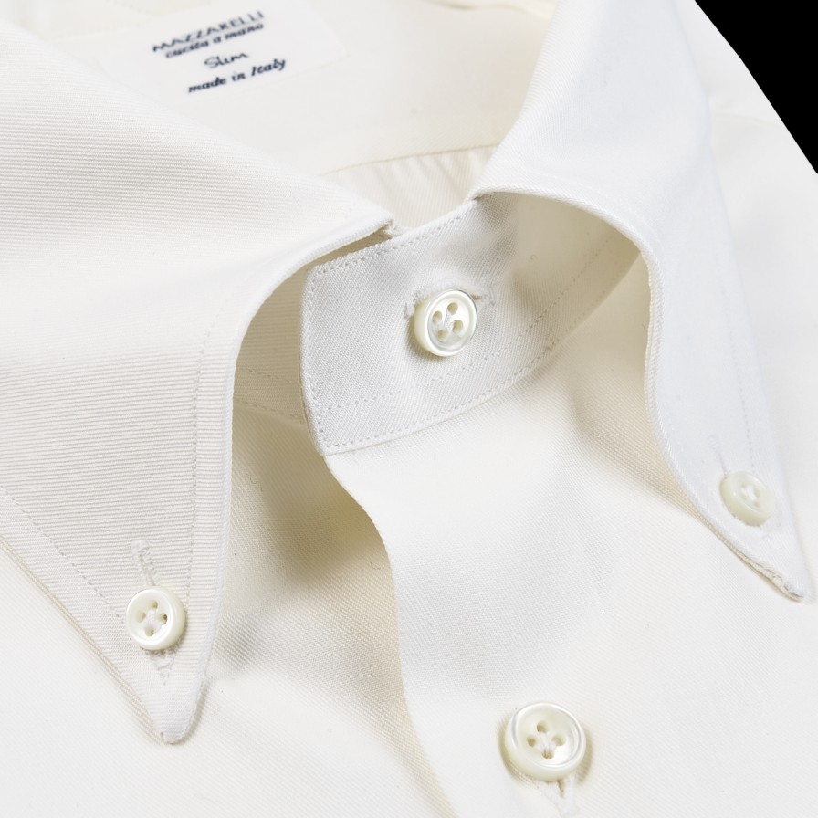 Mazzarelli Off White Cotton Twill Button Down Slim Shirt Online