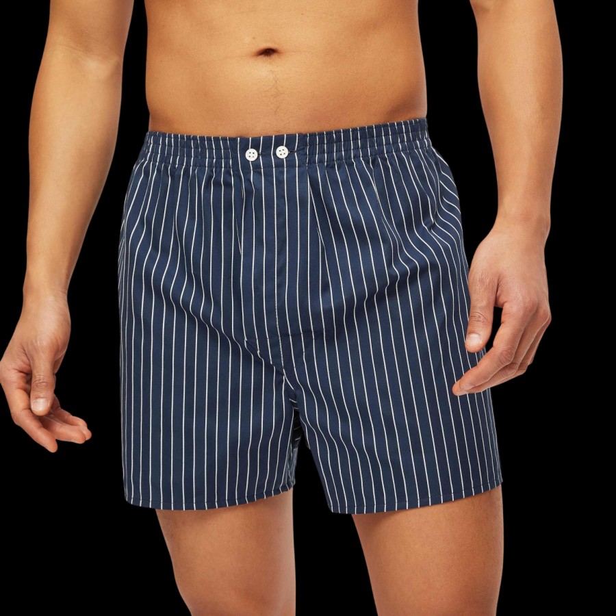 Derek Rose Navy Striped Cotton Classic Fit Boxers Clearance