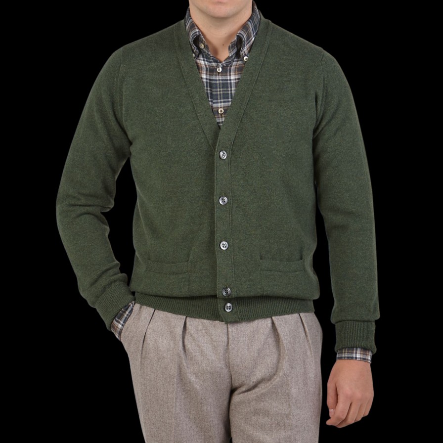 William Lockie Rosemary Green Lambswool Button Cardigan Hot