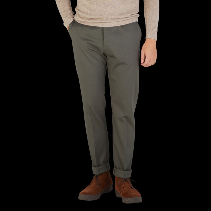 Berwich Military Green Cotton Flat Front Trousers Best