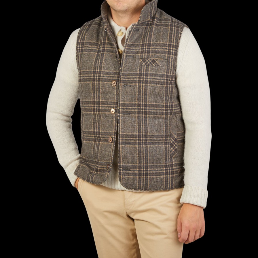 Stenströms Beige Checked Wool Down Padded Gilet Hot