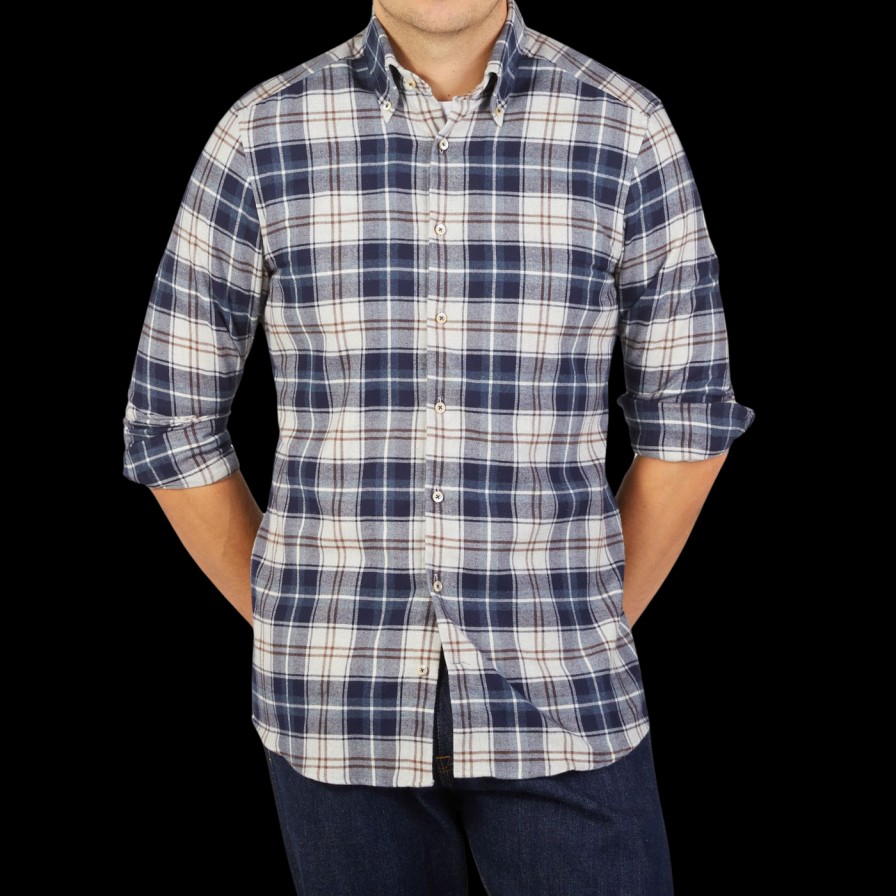 Stenströms Blue Checked Cotton Flannel Slimline Shirt Best