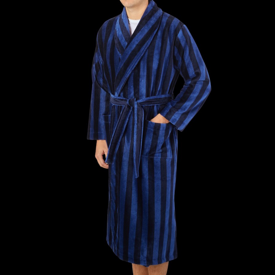 Derek Rose Blue Striped Cotton Velour Towelling Gown Hot