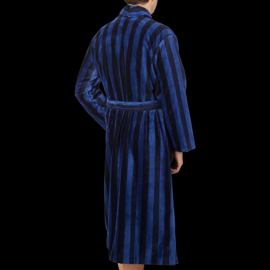 Derek Rose Blue Striped Cotton Velour Towelling Gown Hot